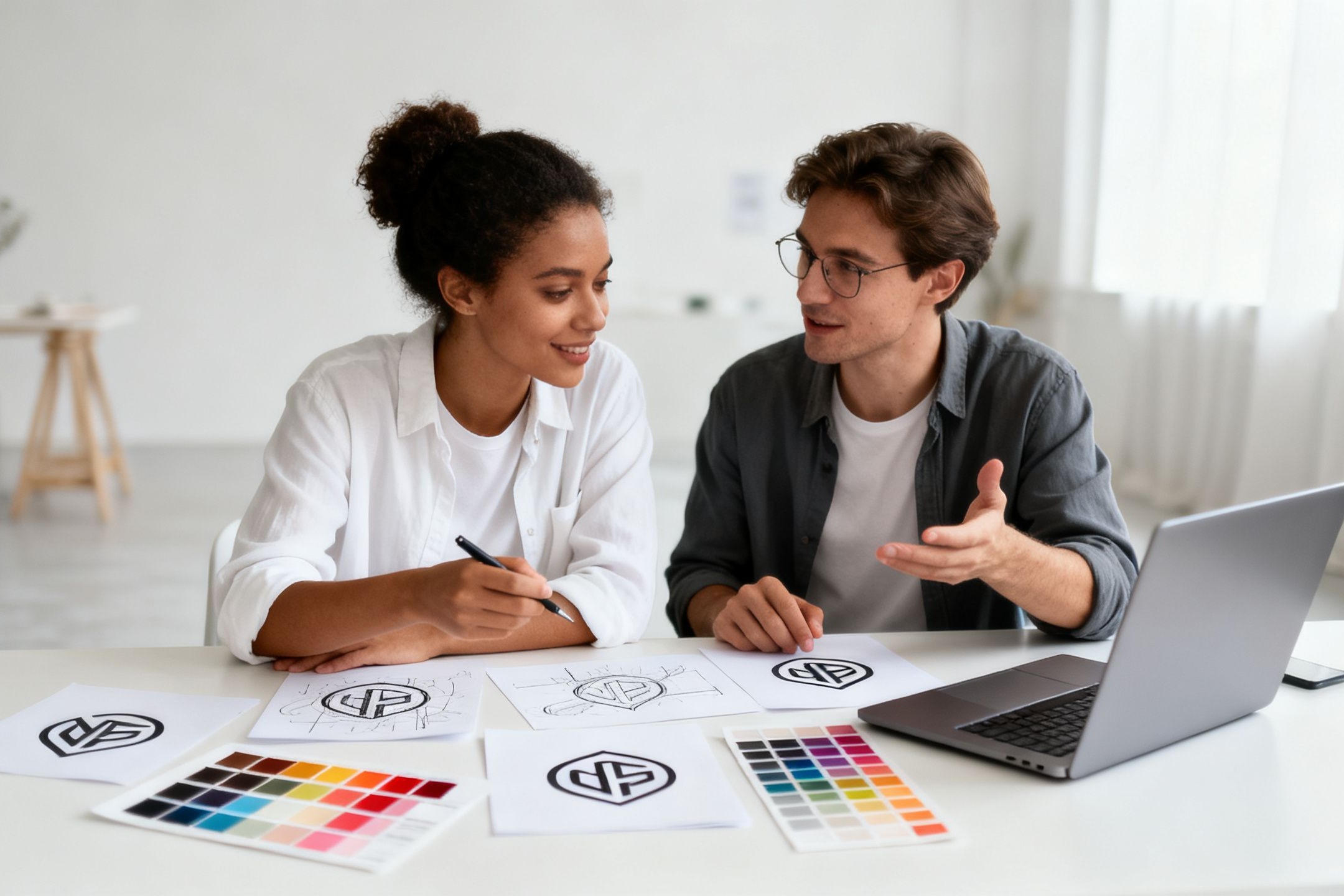 Small business owner and designer reviewing logo concepts